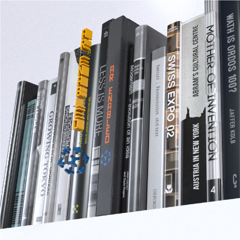 3d render of a row of books with an augmented reality component floating in front