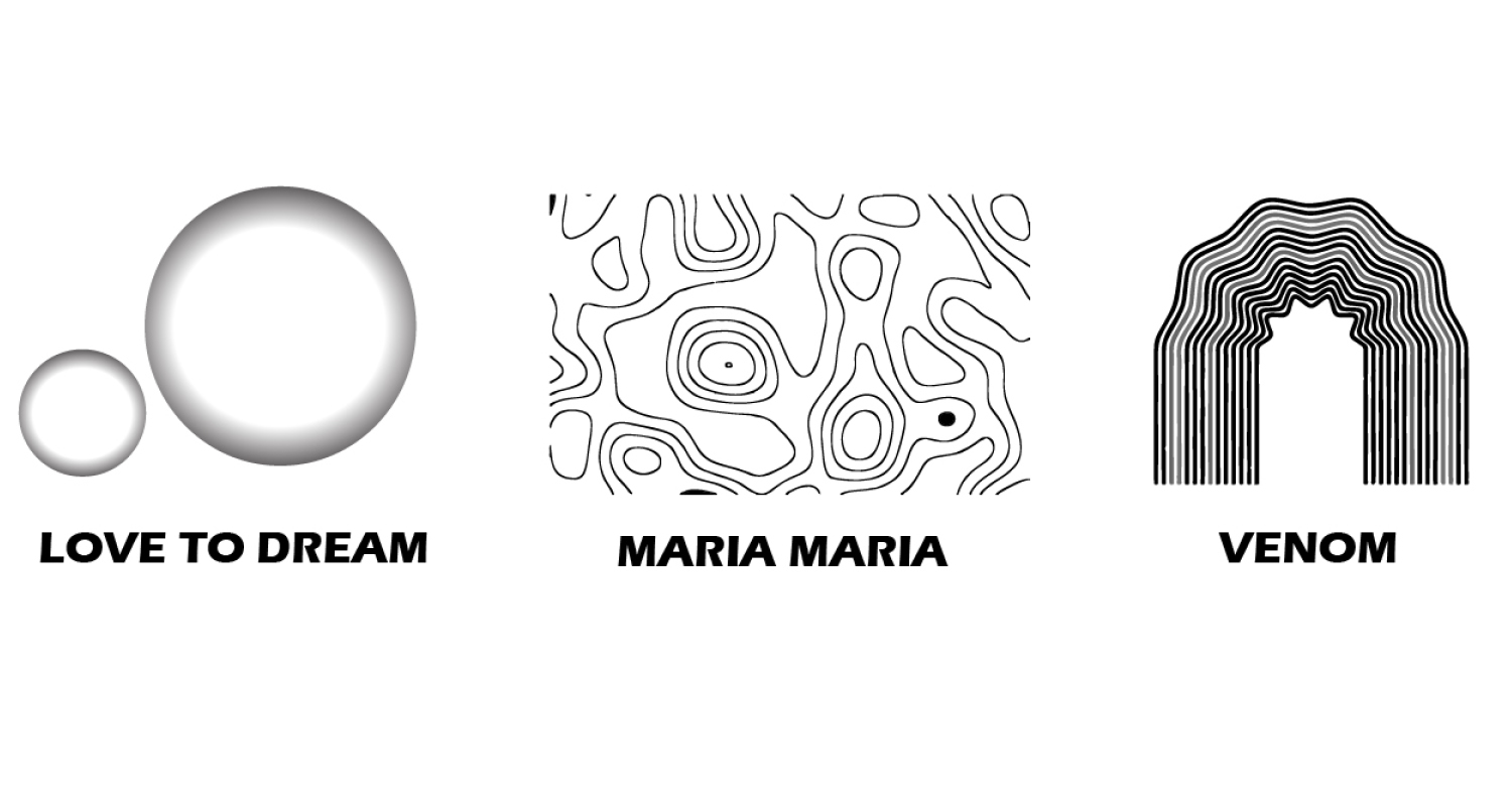 Three different styles of patterning. Two circles on the left hand side with gradients and the song title "Love to Dream.' The middle is a typographic style pattern with the song title 'Maria Maria.' On the right is a rainbow bow made up of lines that squiggly lines with the song title 'Venom.'

