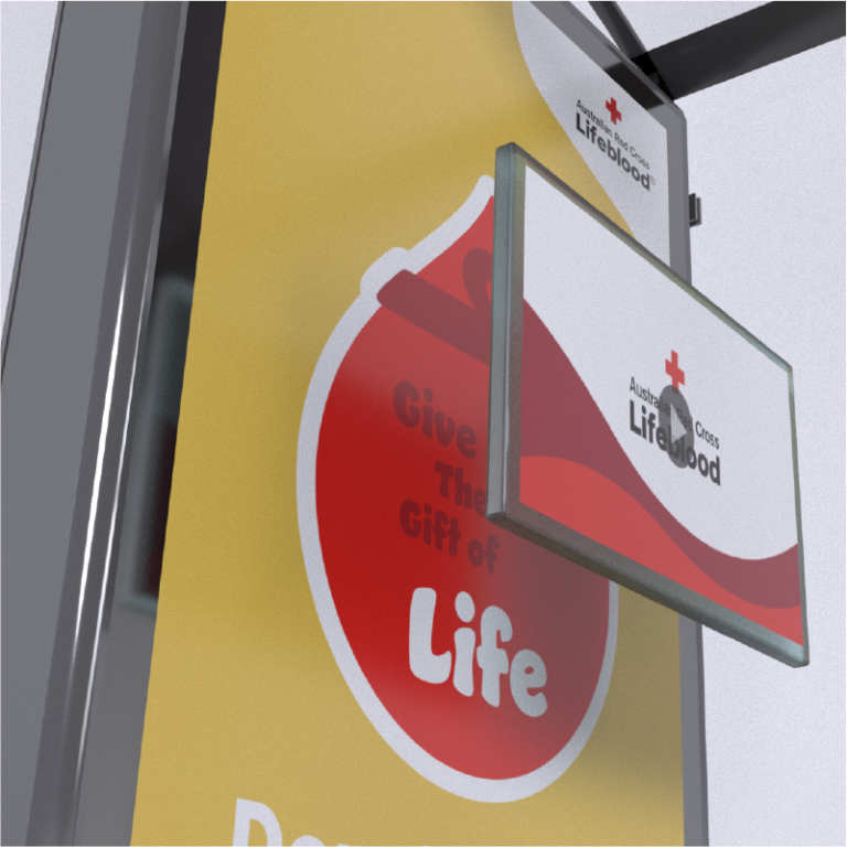 3D render of a bus stop poster advertising the Australian Red Cross with an augmented reality screen floating in front of it