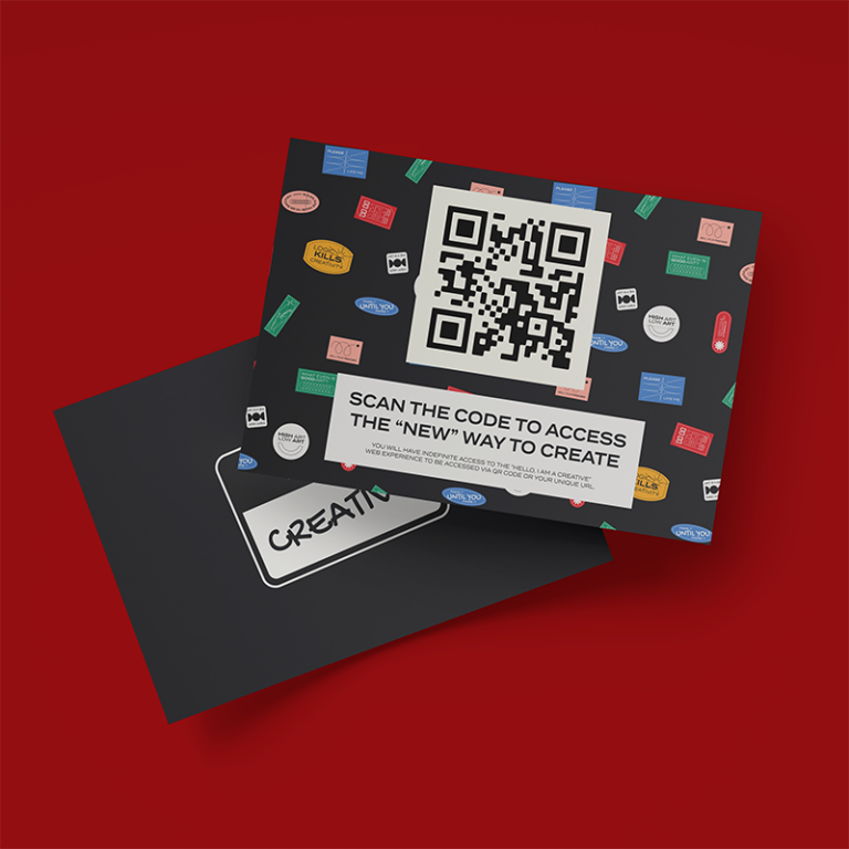 QR code cards, front and back view for 'Hello, I Am A Creative' brand experience on red background.